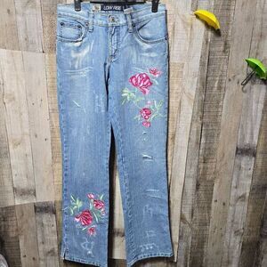 Cruel Girl Low Rise Bootcut Floral Embroidered Distressed Jeans 5L